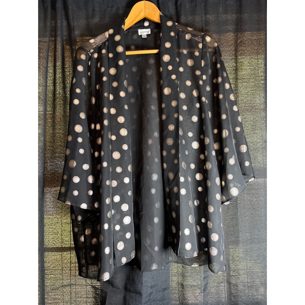 Avenue Womens Kimono Cardigan Black Silver Metallic Polka Dot Sheer Chiffon